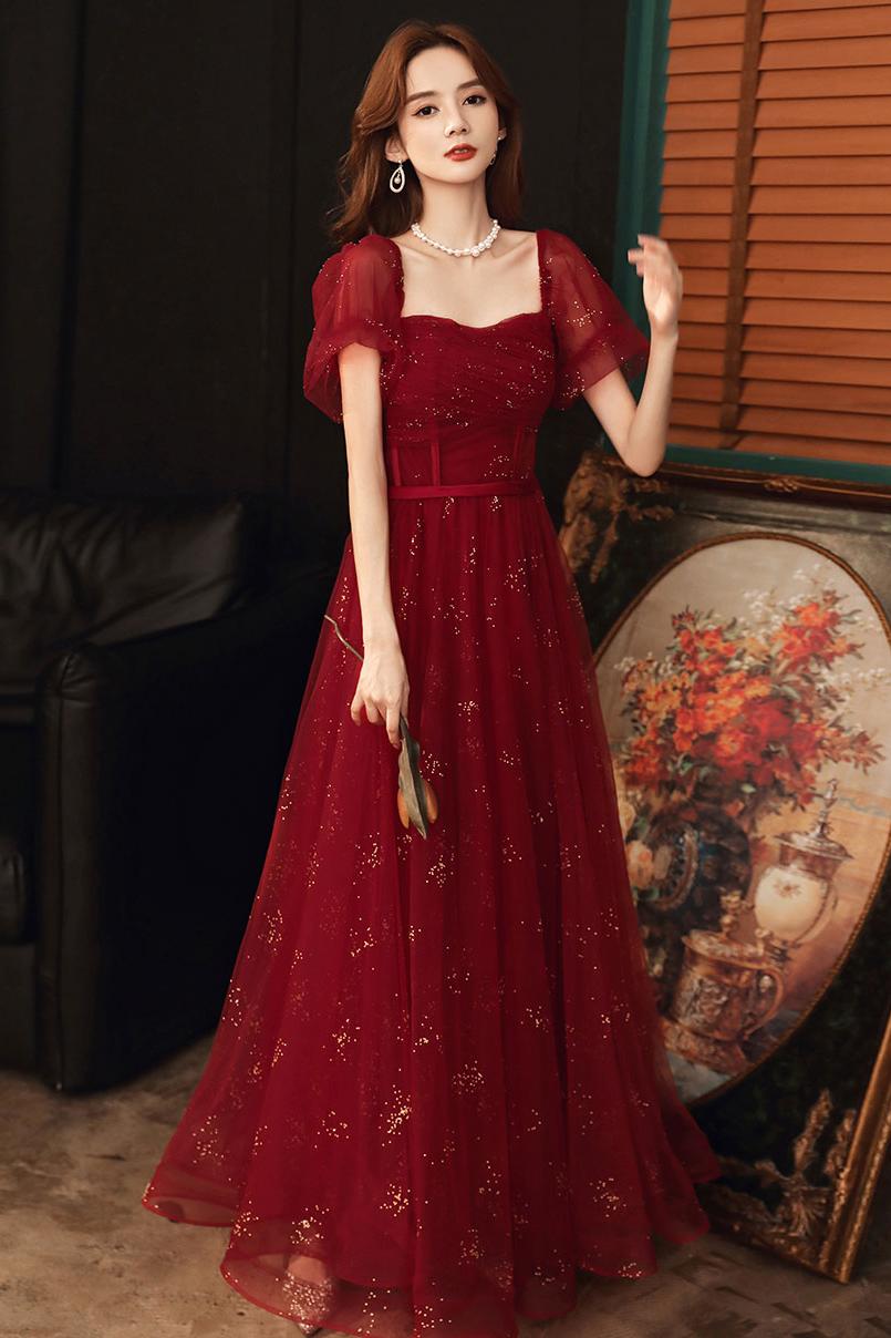 Burgundy Prom Dress A Line Tulle Sequin Long Formal Dress Evening Dress