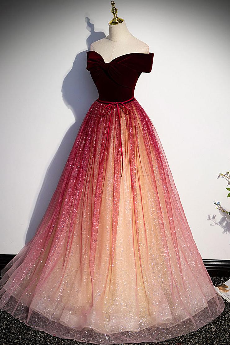 Burgundy Prom Dress A Line Tulle Sequin Long Formal Evening Dress