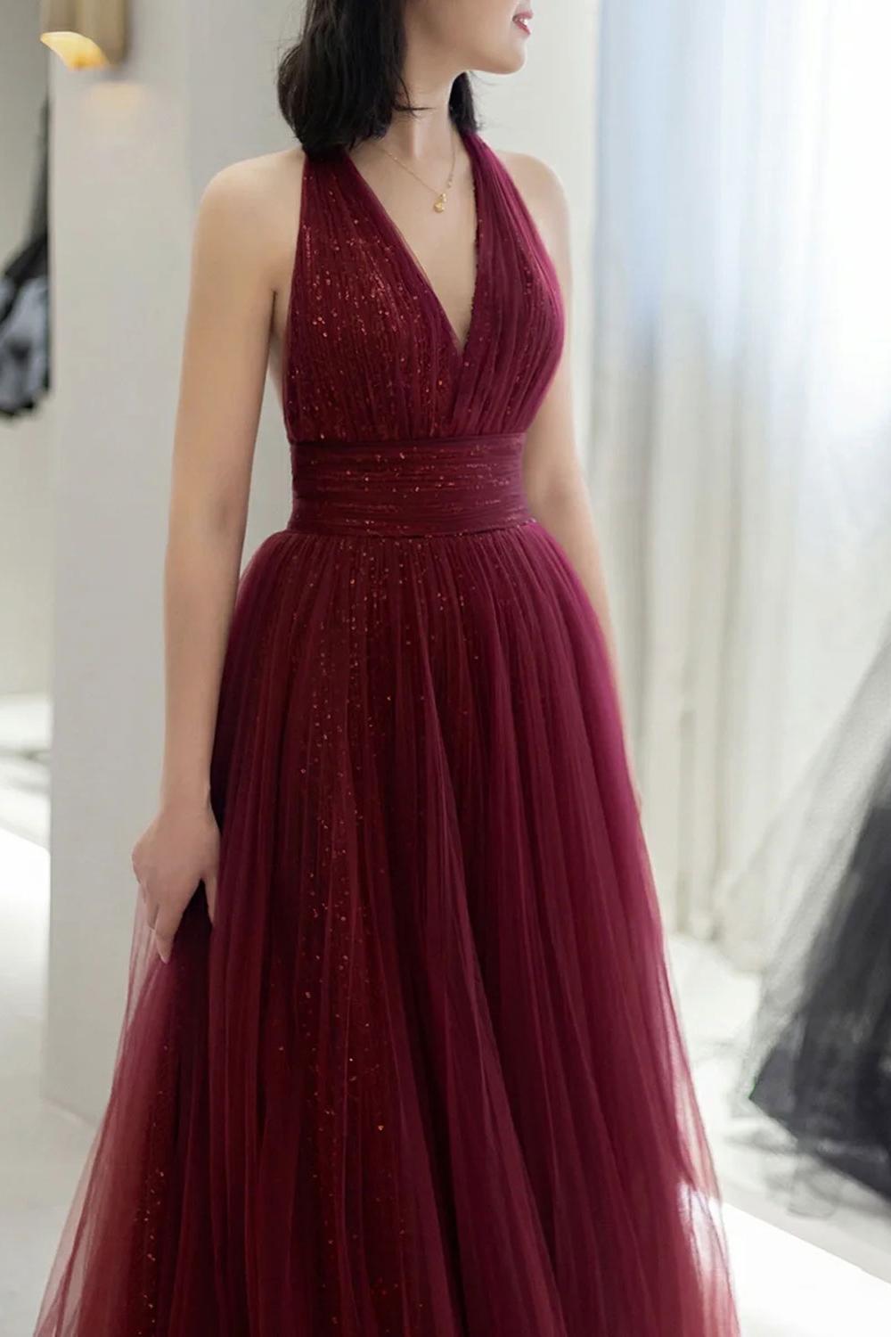 Burgundy Prom Dress A Line V Neck Tulle Sequin Long Formal Evening Dress