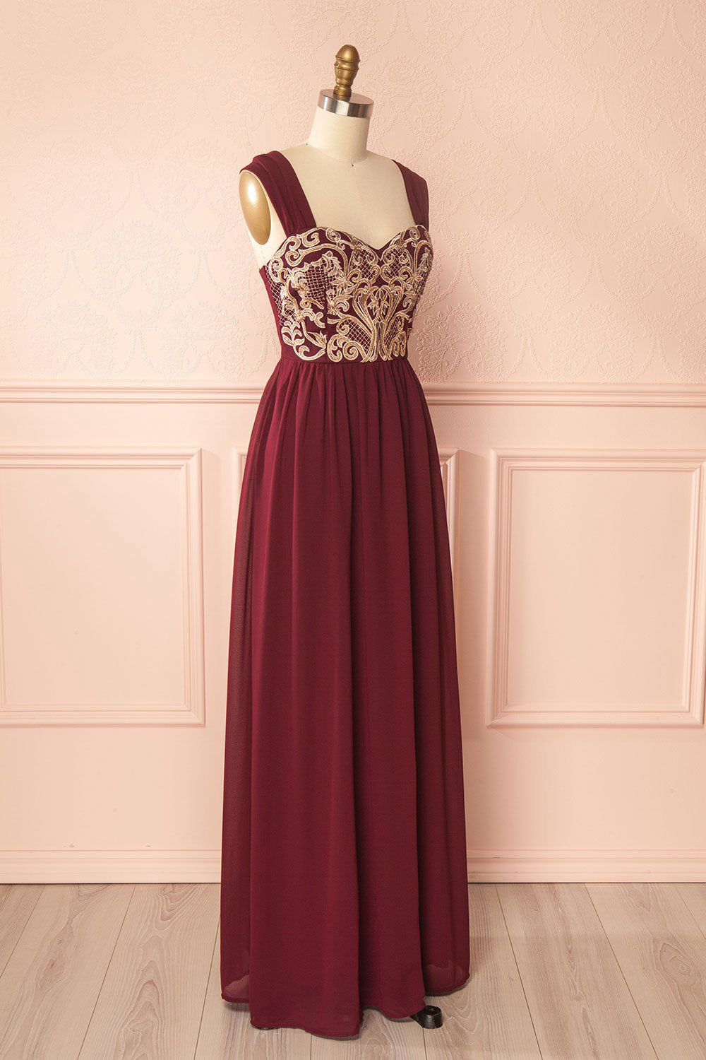 Burgundy Prom Dress Chiffon Lace Appliques Long Formal Evening Dress