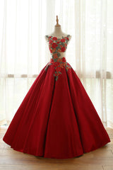 Burgundy Prom Dress Crew Neck Lace Appliques Long Formal Evening Dress