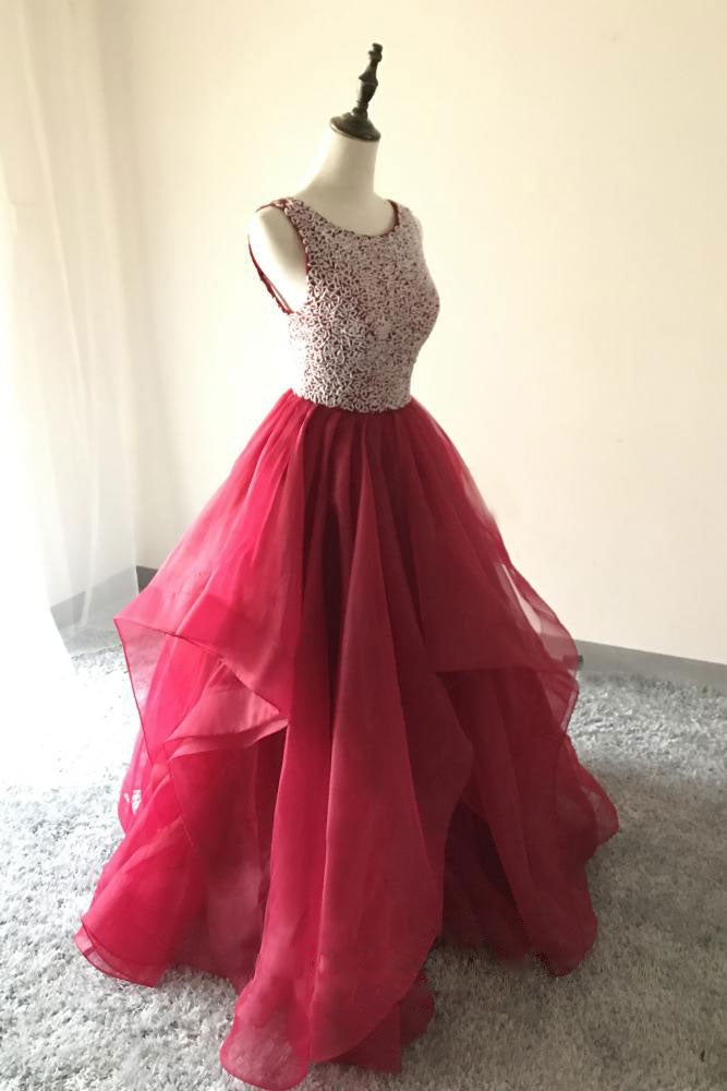 Burgundy Prom Dress Crew Neck Tulle Beaded Long Evening Dress