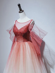 Burgundy Prom Dress Crew Neck Tulle Beaded Long Evening Dress
