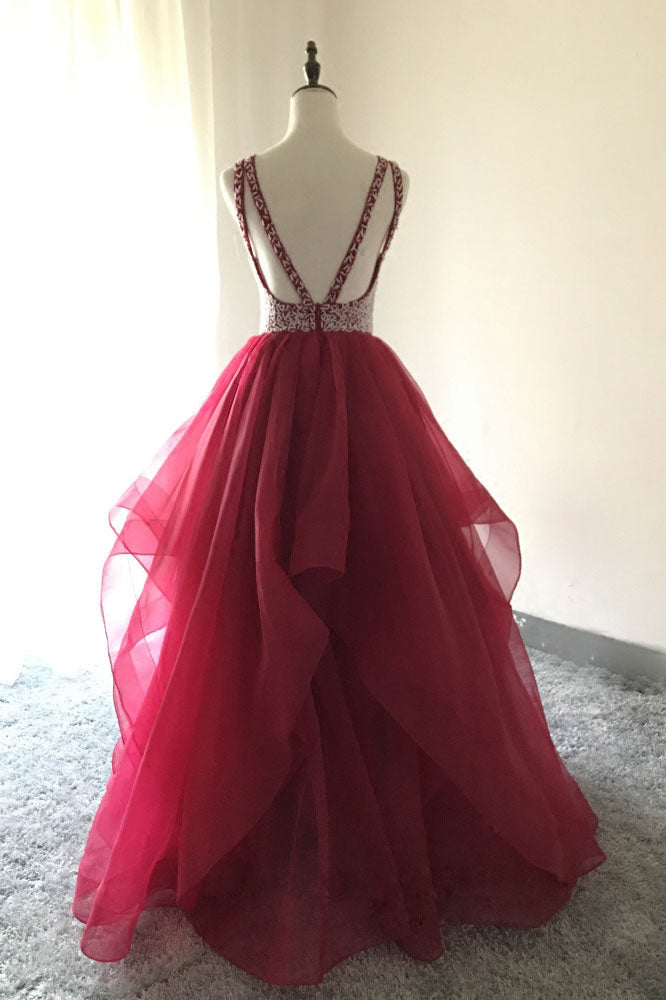 Burgundy Prom Dress Crew Neck Tulle Beaded Long Evening Dress