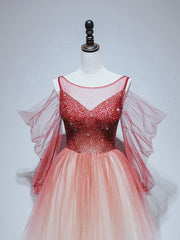 Burgundy Prom Dress Crew Neck Tulle Beaded Long Evening Dress