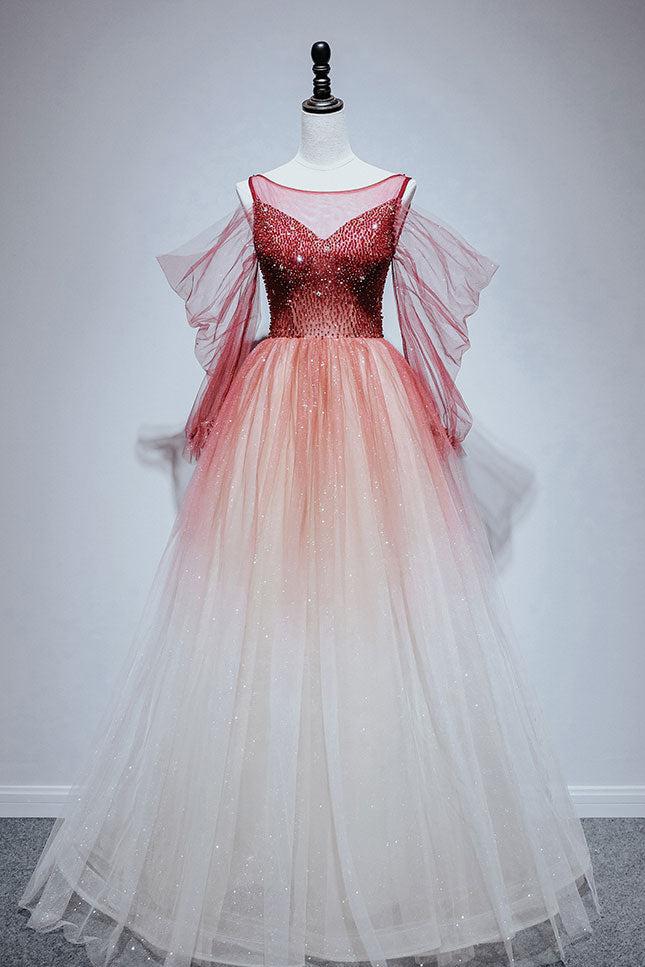 Burgundy Prom Dress Crew Neck Tulle Beaded Long Evening Dress