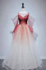 Burgundy Prom Dress Crew Neck Tulle Beaded Long Evening Dress
