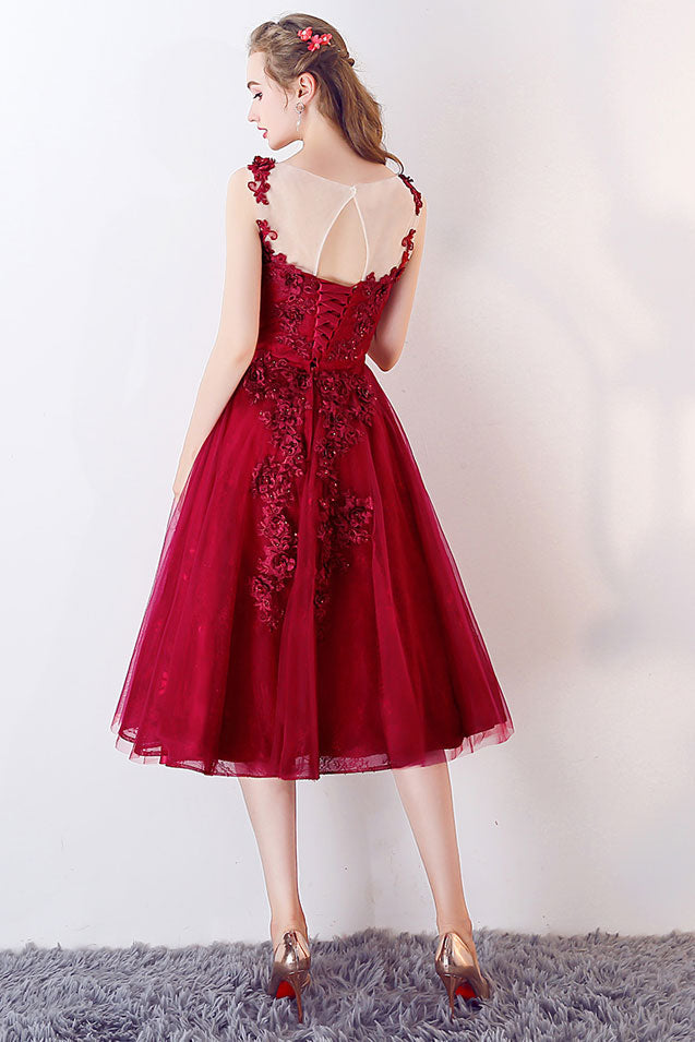 Burgundy Prom Dress Crew Neck Tulle Formal Evening Dress