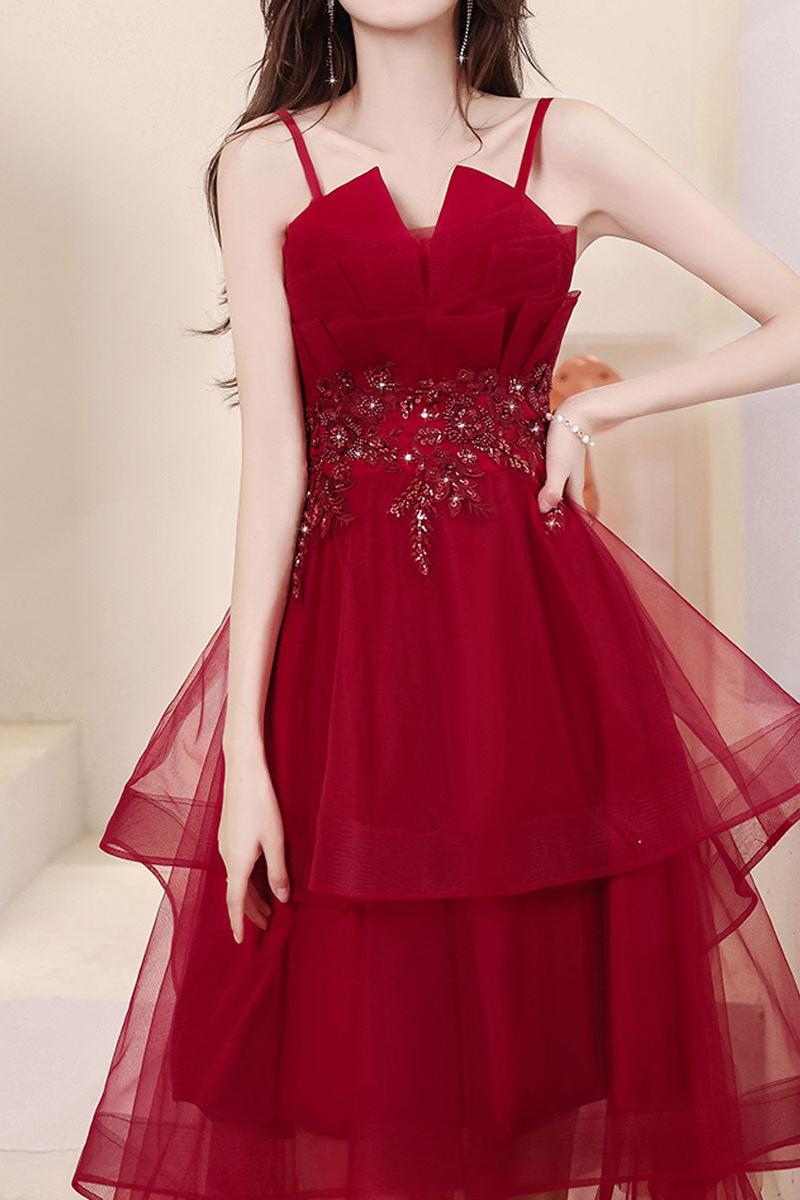 Burgundy Prom Dress High Low Beaded Sequin Evening Dress
