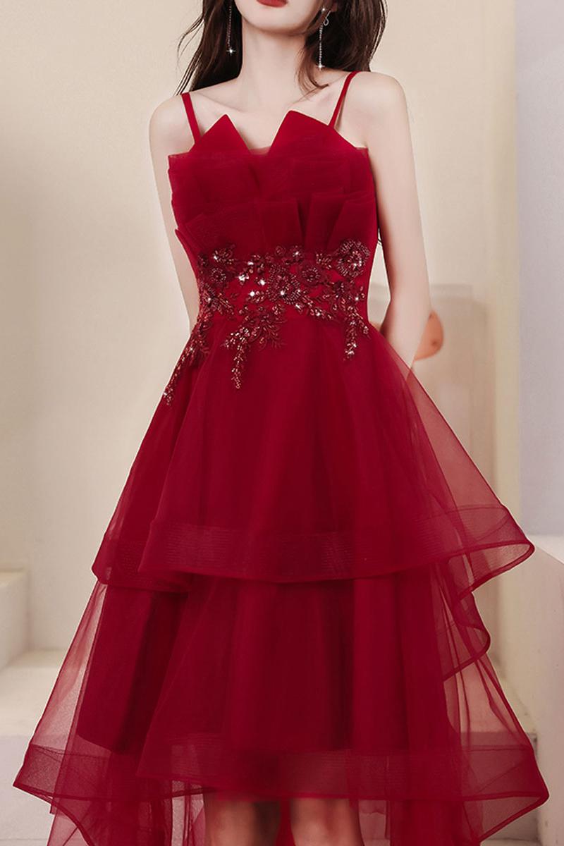 Burgundy Prom Dress High Low Beaded Sequin Evening Dress