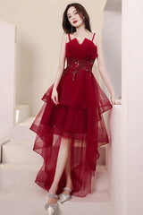 Burgundy Prom Dress High Low Beaded Sequin Evening Dress