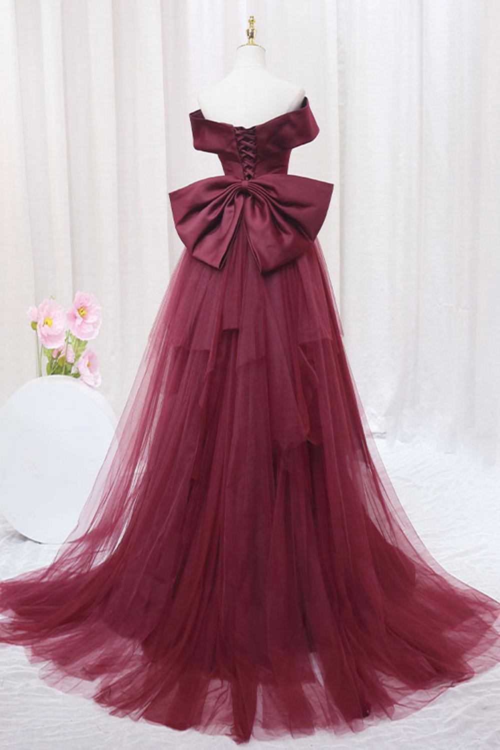 Burgundy Prom Dress Mermaid Tulle Long Formal Evening Dress