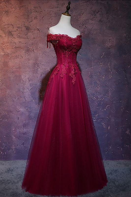 Burgundy Prom Dress Off the Shoulder Lace Long Evening Dress