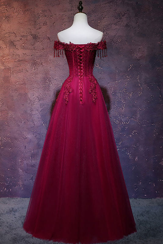 Burgundy Prom Dress Off the Shoulder Lace Long Evening Dress