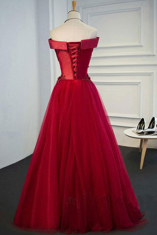 Burgundy Prom Dress Off the Shoulder Lace Long Formal Evening Dress
