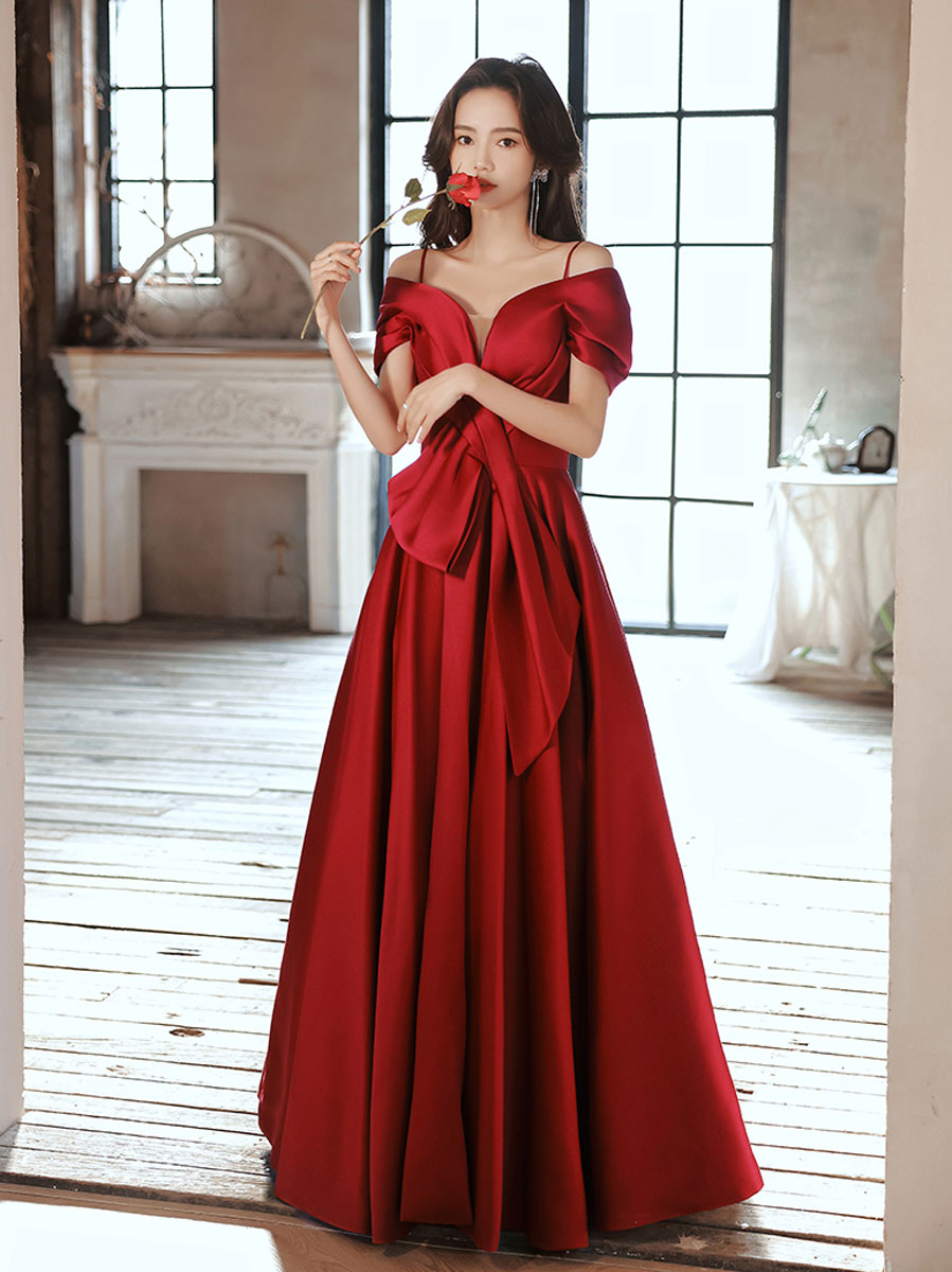 Burgundy Prom Dress Off the Shoulder Satin Long Evening Dress