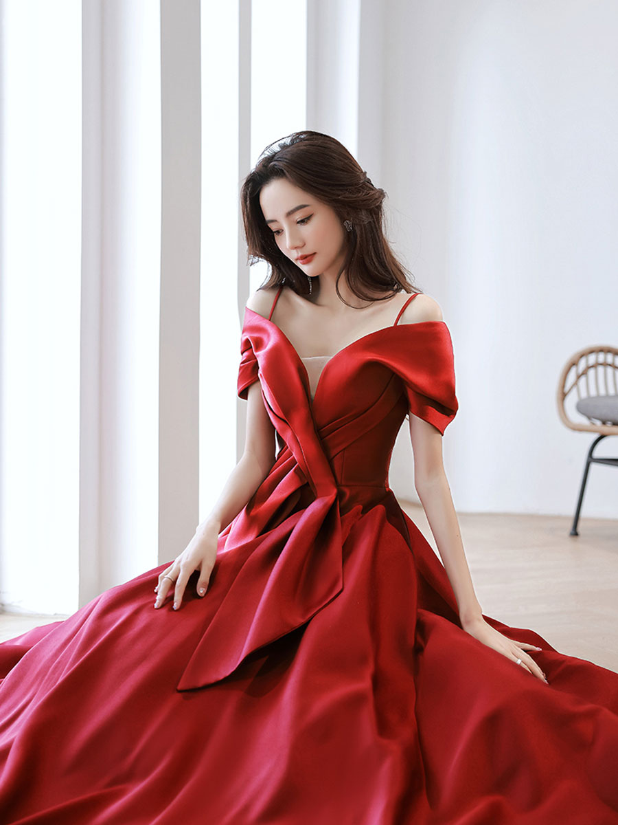 Burgundy Prom Dress Off the Shoulder Satin Long Evening Dress