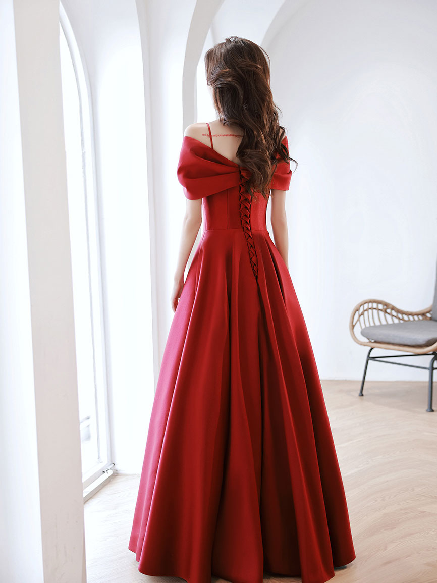 Burgundy Prom Dress Off the Shoulder Satin Long Evening Dress