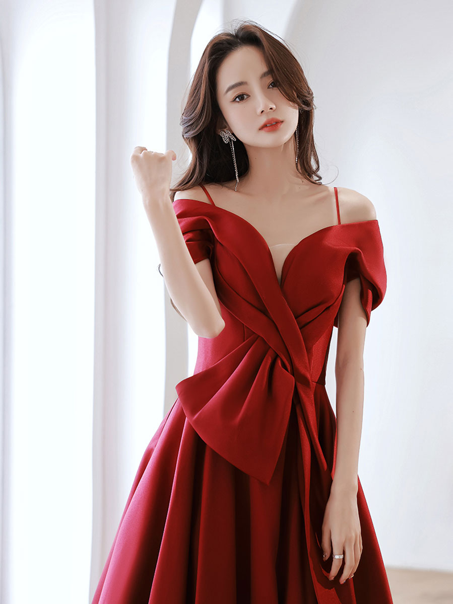 Burgundy Prom Dress Off the Shoulder Satin Long Evening Dress