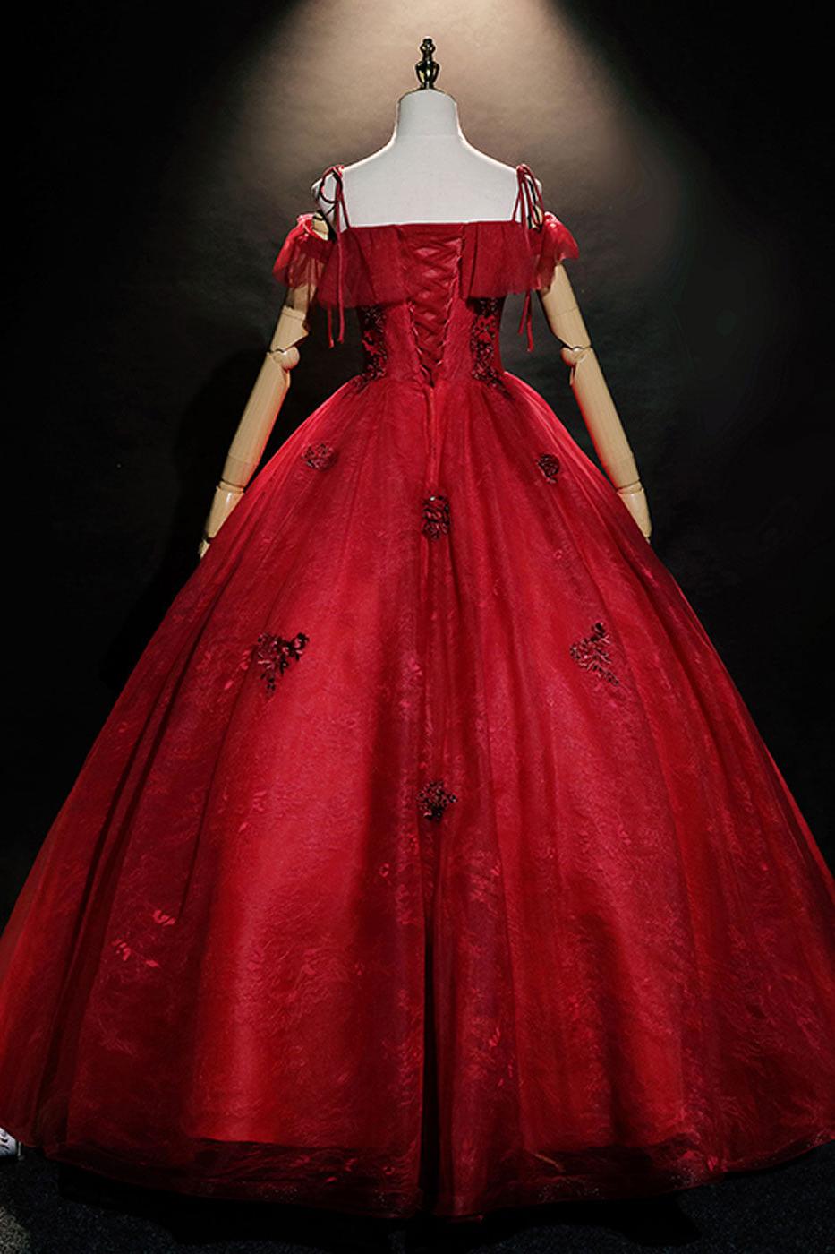 Burgundy Prom Dress Off the Shoulder Tulle Lace Long Sweet 16 Dress Evening Dress