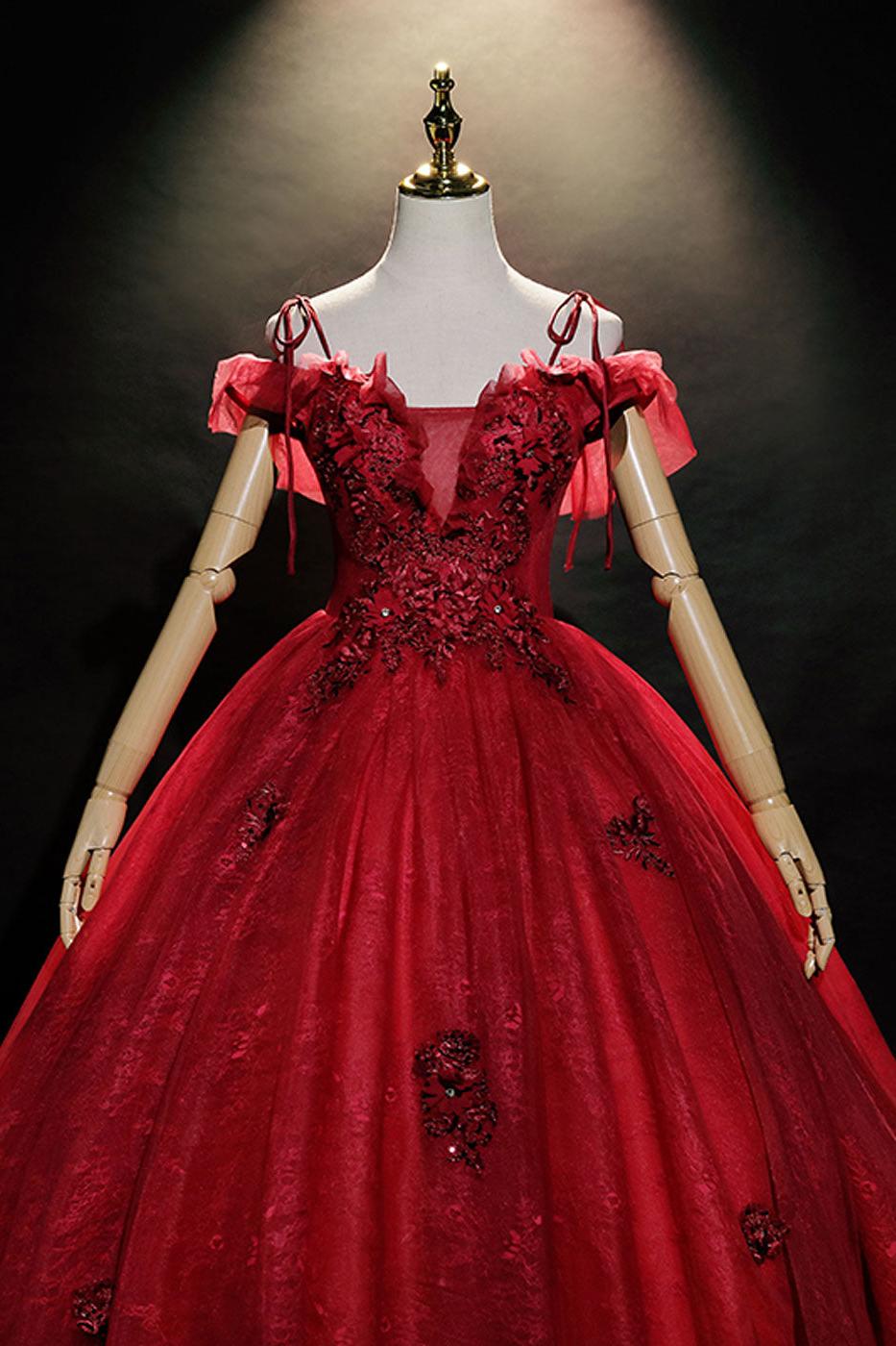 Burgundy Prom Dress Off the Shoulder Tulle Lace Long Sweet 16 Dress Evening Dress