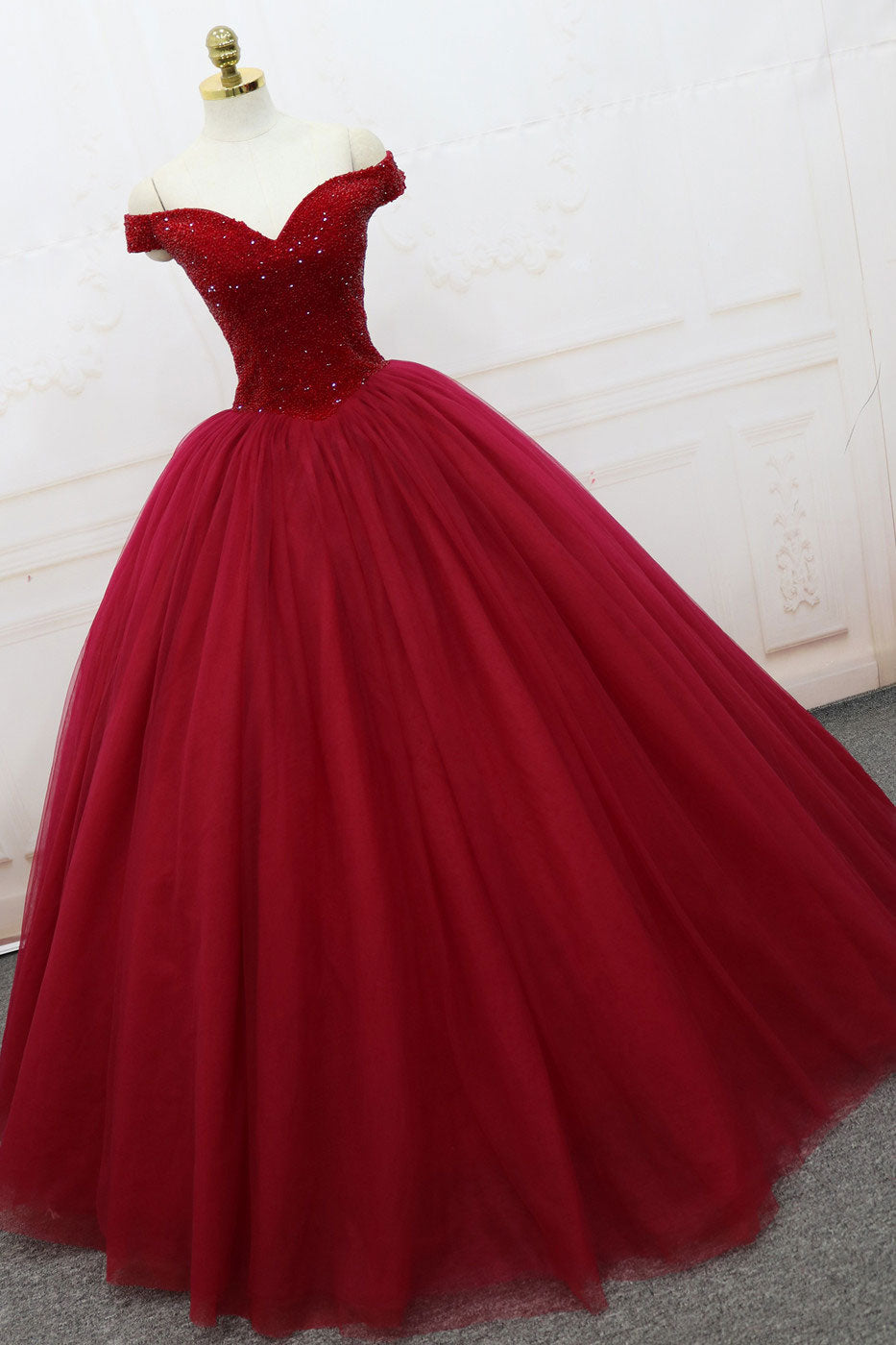 Burgundy Prom Dress Off the Shoulder Tulle Long Evening Dress