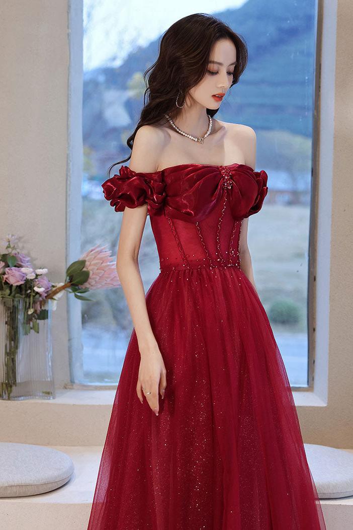 Burgundy Prom Dress Off the Shoulder Tulle Long Evening Dress