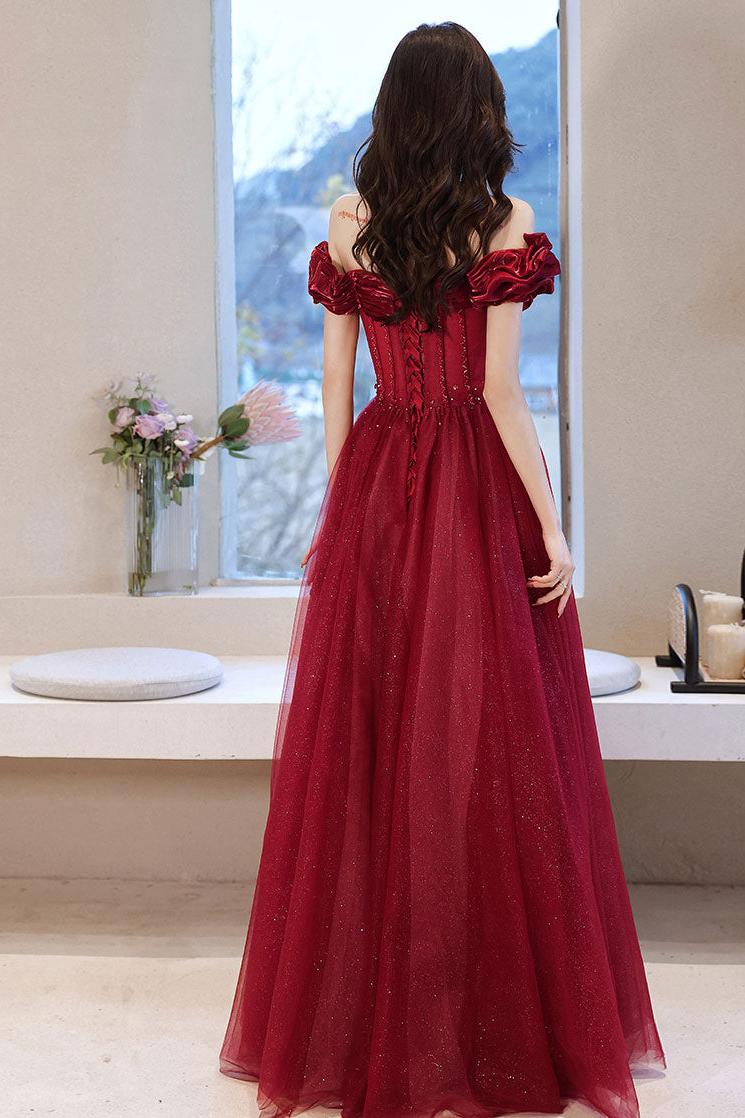 Burgundy Prom Dress Off the Shoulder Tulle Long Evening Dress