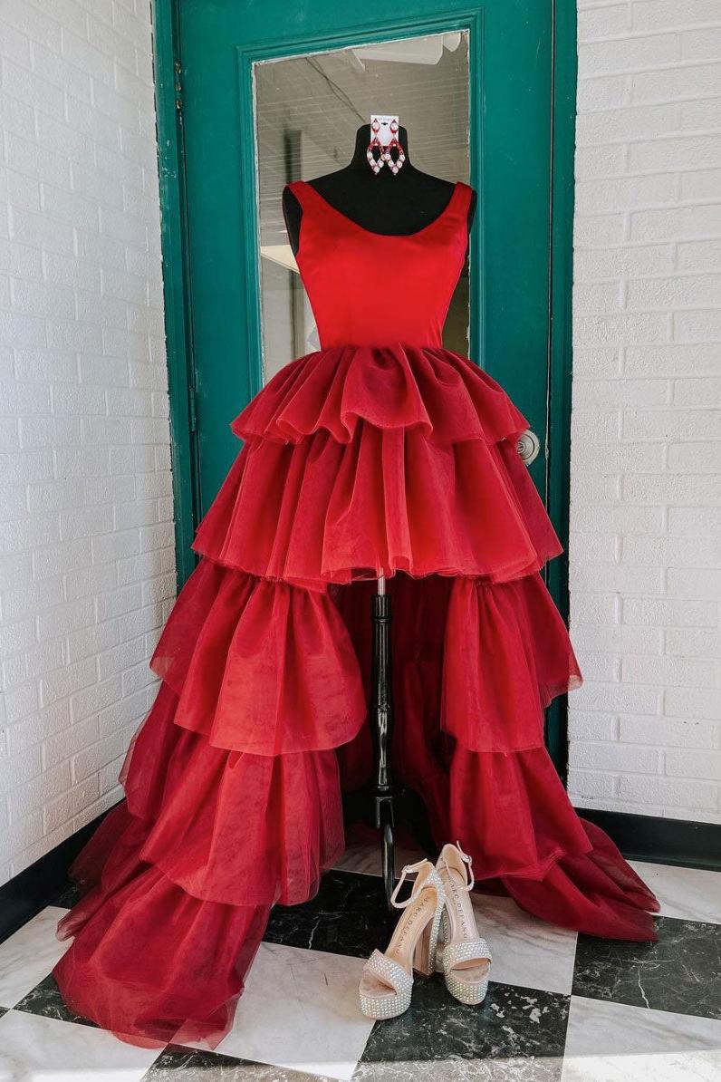 Burgundy Prom Dress Round Neck Tulle High Low Red Prom Dress Evening Dress