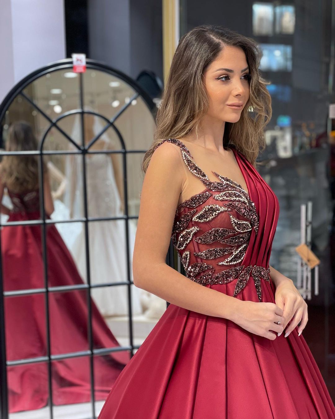 Burgundy Prom Dress Satin Ball Gown Formal Dress with Sweep Train