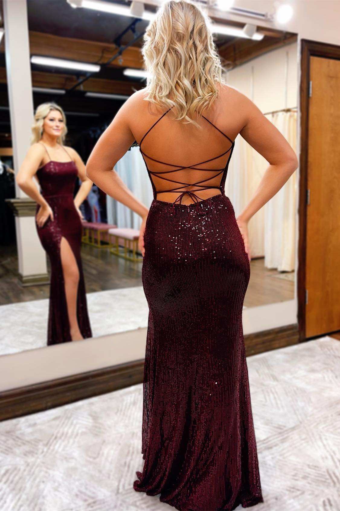 Burgundy Prom Dress Sequin Lace Up Back Long Evening Dress with Split