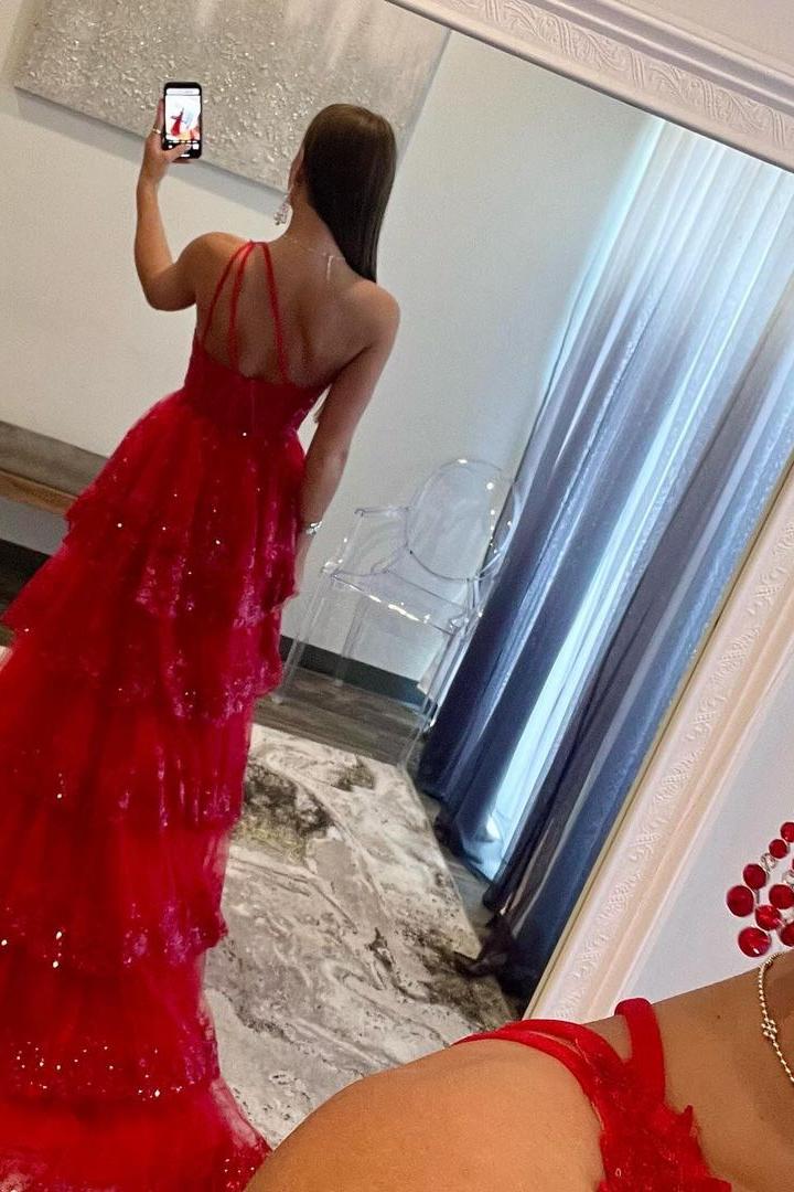 Burgundy Prom Dress Sheath One Shoulder Tiered Lace Long Evening Dress