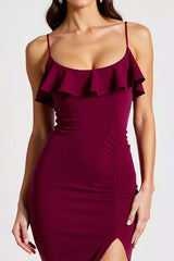 Burgundy Prom Dress Spaghetti Straps Mermaid Crepe Long Formal Dress With Slit