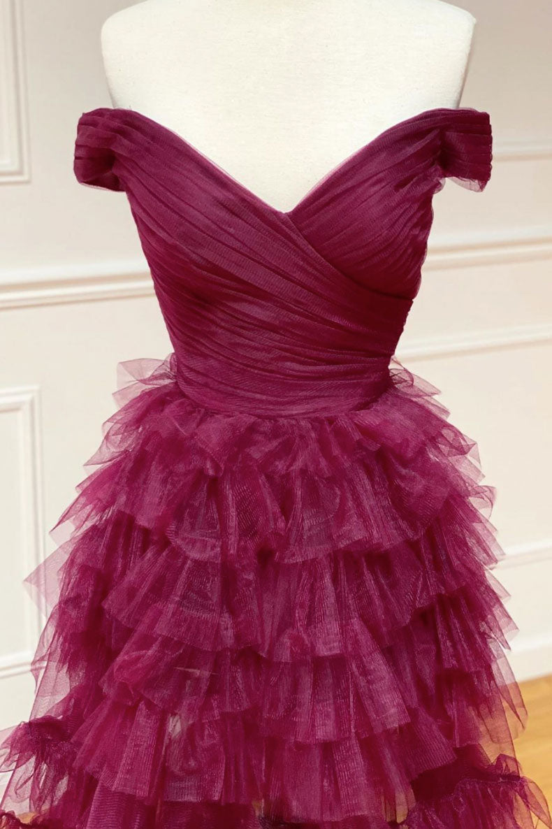 Burgundy Prom Dress Sweetheart Off the Shoulder Tulle Long Formal Gown Evening Dress