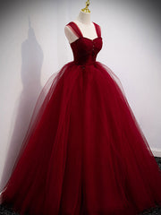 Burgundy Prom Dress Sweetheart Tulle Long Evening Dress
