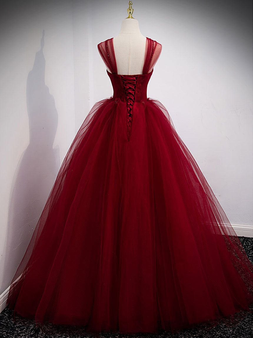 Burgundy Prom Dress Sweetheart Tulle Long Evening Dress