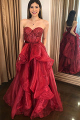 Burgundy Prom Dress Sweetheart Tulle Long Formal Gown Evening Dress