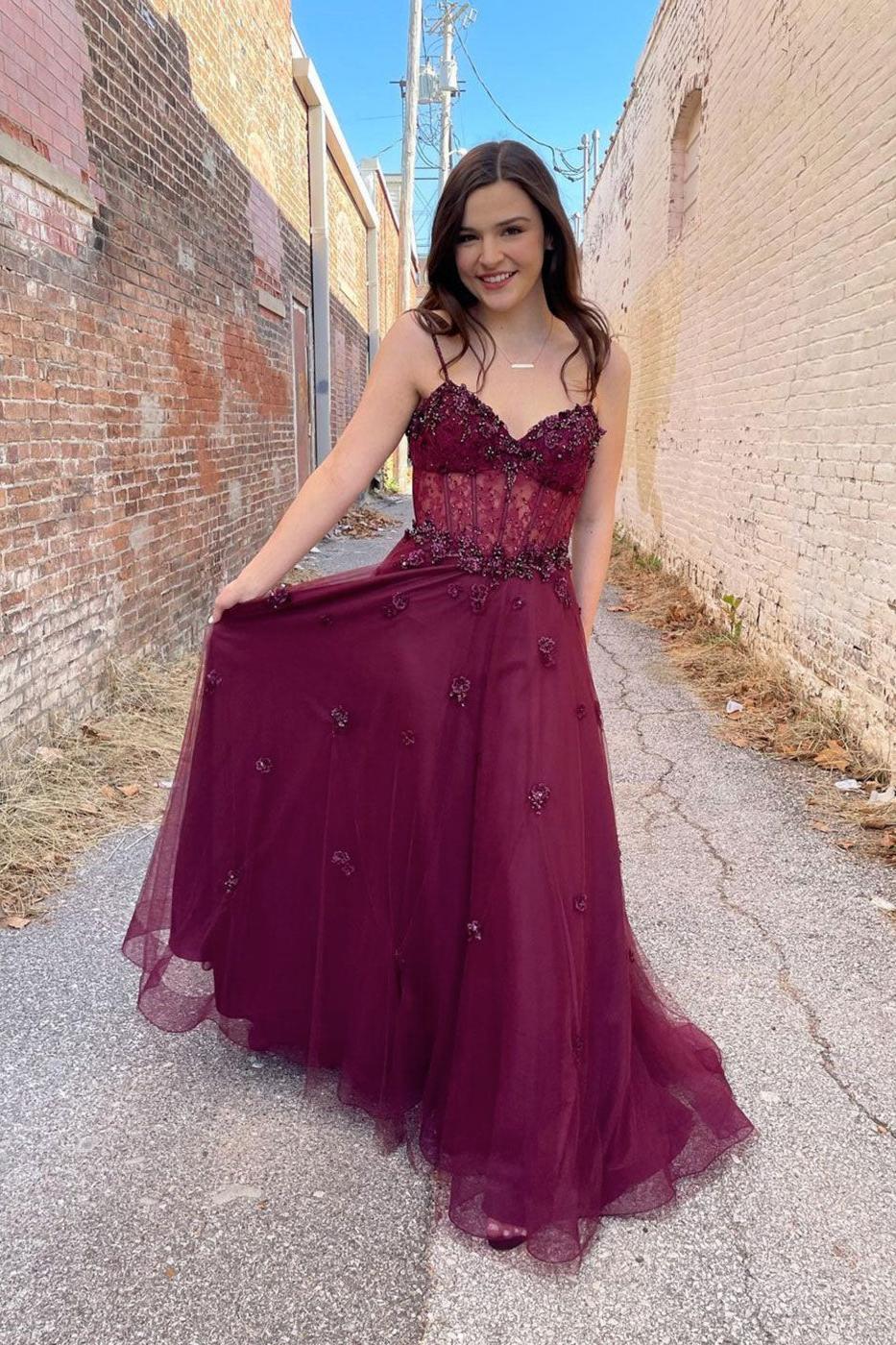 Burgundy Prom Dress Tulle A Line Long Evening Dress