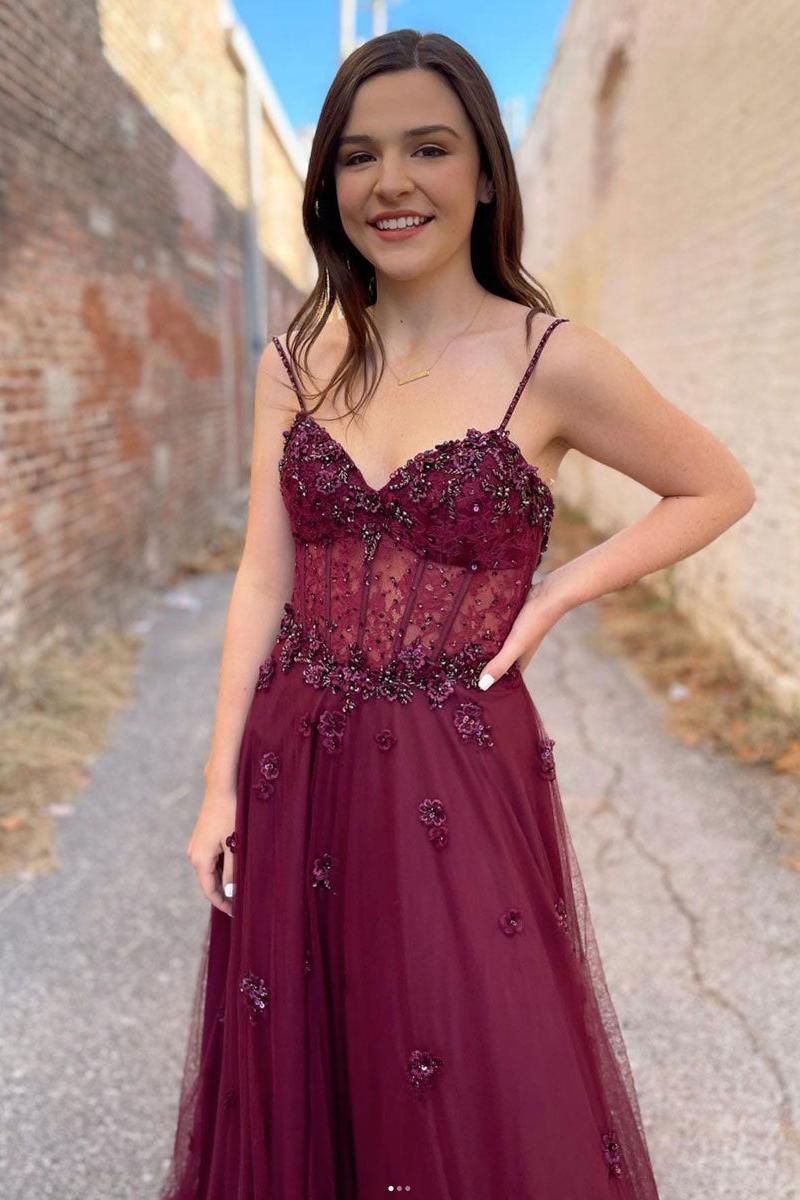 Burgundy Prom Dress Tulle A Line Long Evening Dress