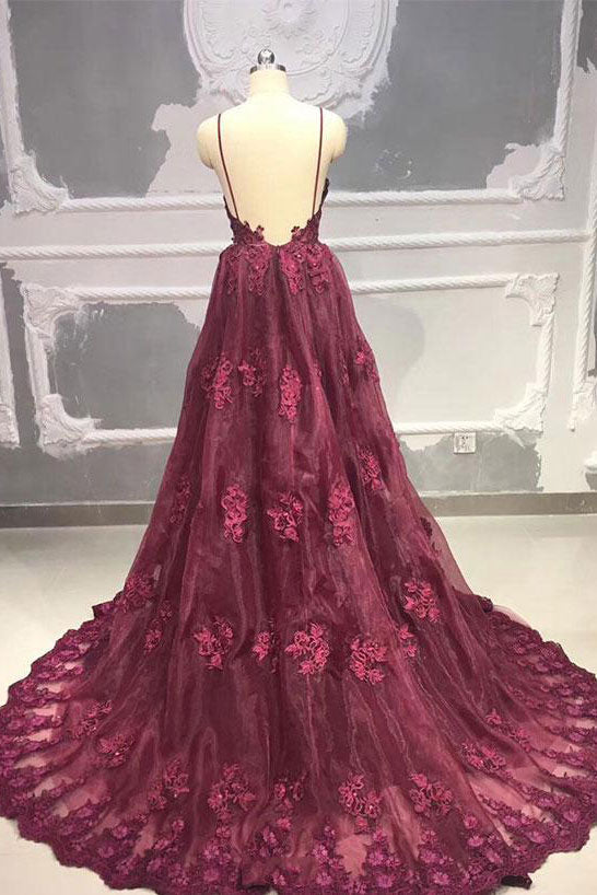 Burgundy Prom Dress Tulle Lace Long Formal Evening Dress