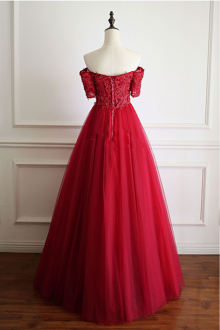 Burgundy Prom Dress Tulle Lace Long Formal Gown Evening Dress