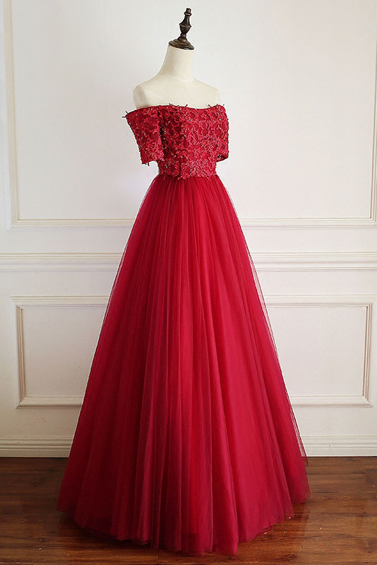 Burgundy Prom Dress Tulle Lace Long Formal Gown Evening Dress
