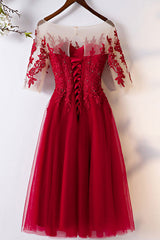 Burgundy Prom Dress Tulle Lace Short Evening Dress