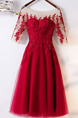 Burgundy Prom Dress Tulle Lace Short Evening Dress