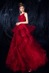 Burgundy Prom Dress Tulle Long Formal Evening Dress