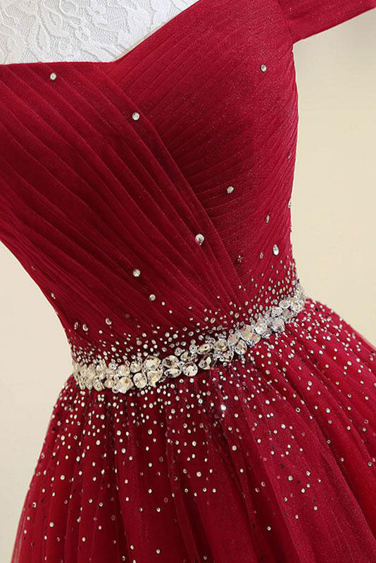 Burgundy Prom Dress Tulle Off the Shoulder Long Evening Dress