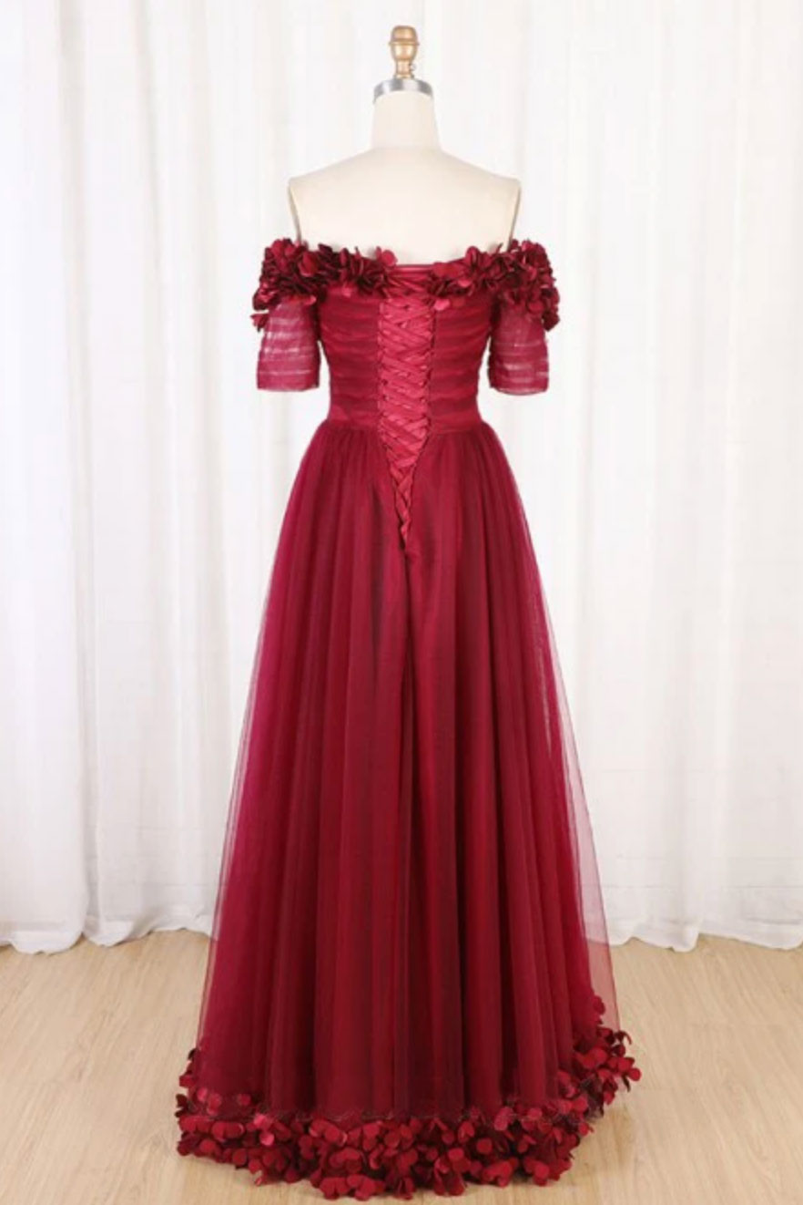 Burgundy Prom Dress Tulle Off the Shoulder Long Evening Dress