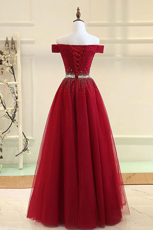 Burgundy Prom Dress Tulle Off the Shoulder Long Evening Dress