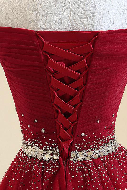 Burgundy Prom Dress Tulle Off the Shoulder Long Evening Dress