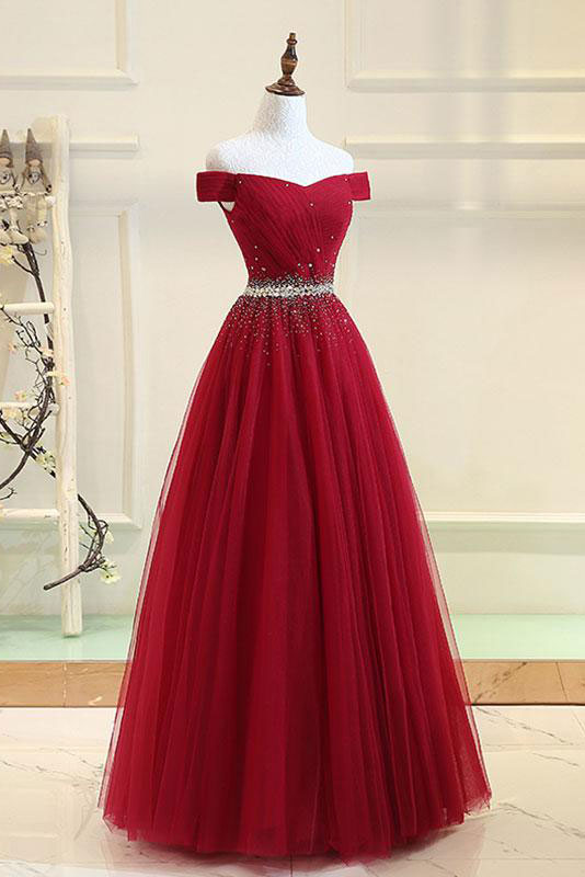 Burgundy Prom Dress Tulle Off the Shoulder Long Evening Dress